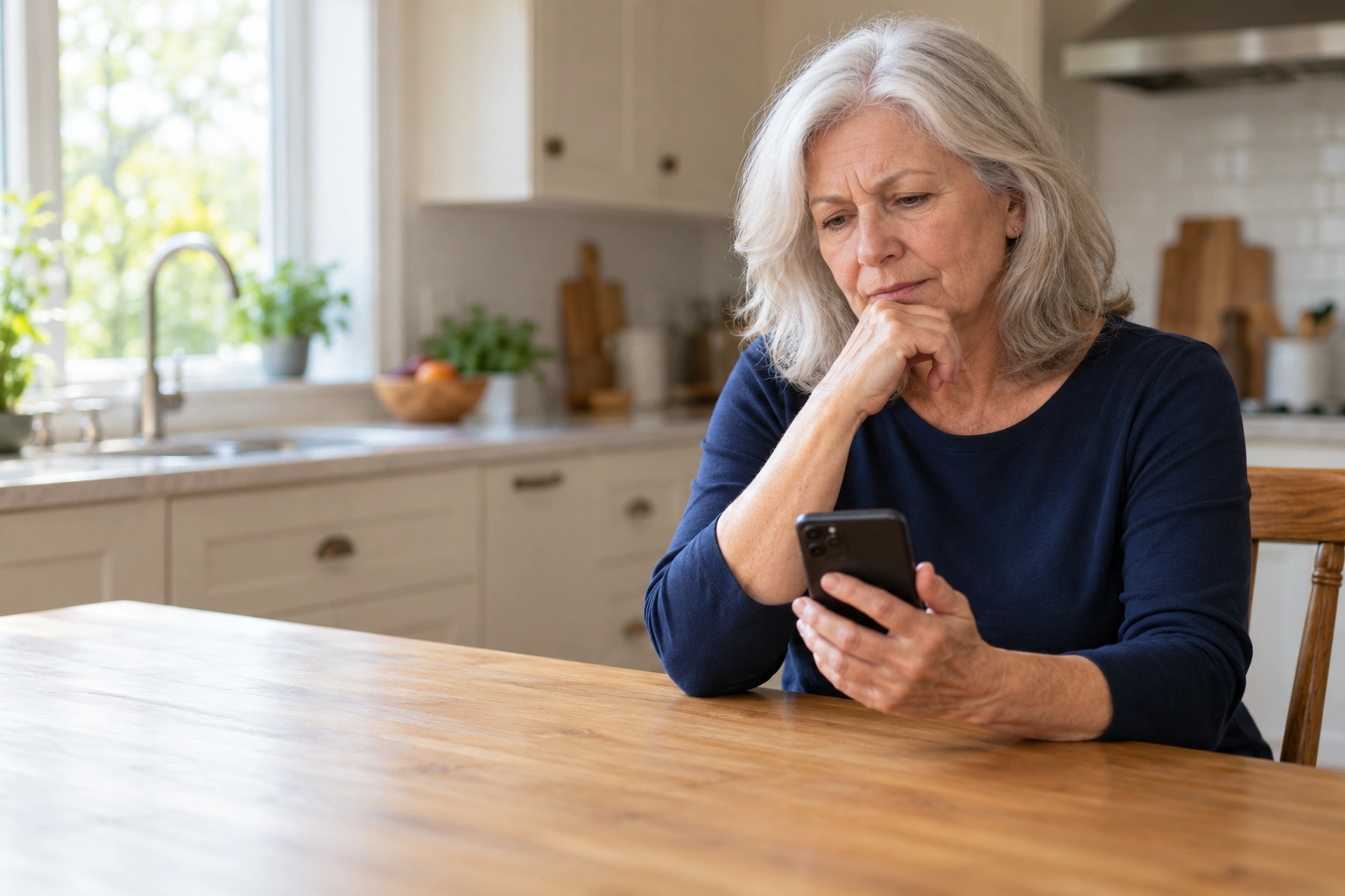 An older woman considering her next step while waiting for a callback, holding her phone at home
