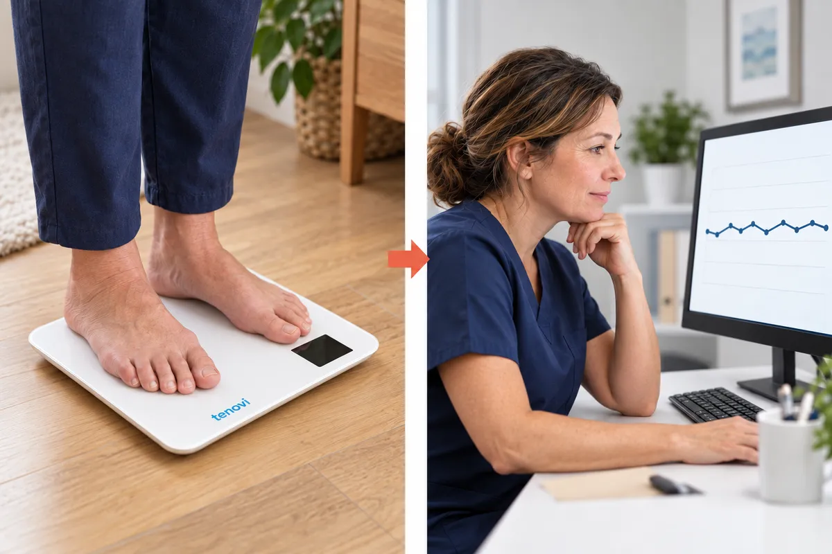 An older adult weighs at home, and a clinician reviews weight trends sent by the cellular smart scale